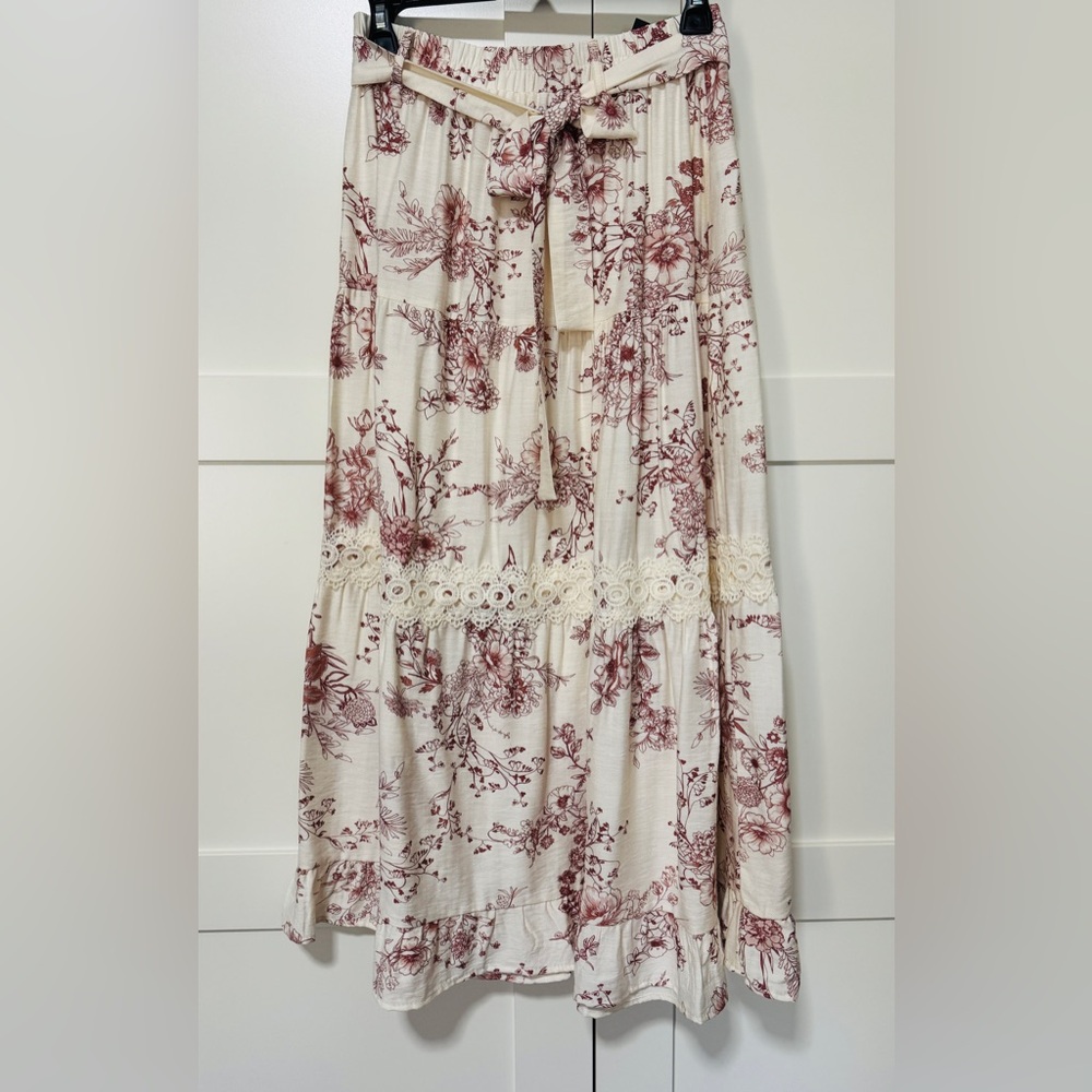 Alice Blue Cream Maxi Skirt with Rose Print